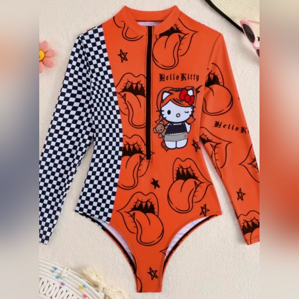 Hello Kitty Orange and Black Checkered Bodysuit